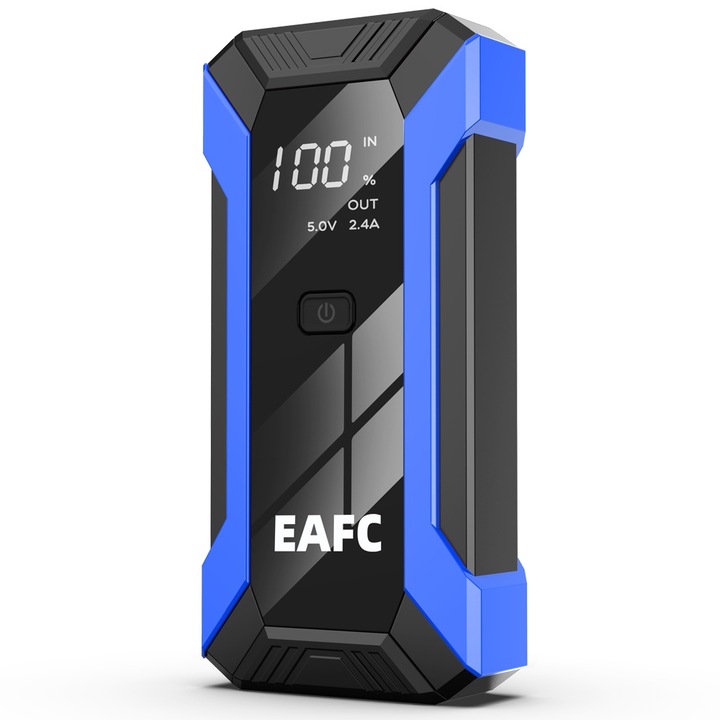 Autóindító, 20000mAh, 1200A, 12V, benzin/dízel 4/2L, intelligens védelem, vezeték nélküli töltés, zseblámpa, vészvilágítás, 175x82x42mm, kék