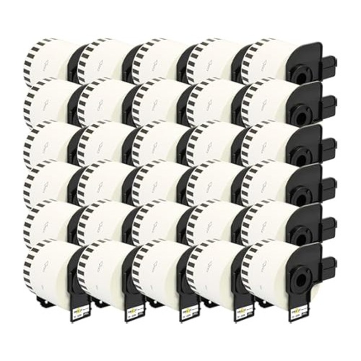 Kit de 30 Role Etichete Adeziva Continua DK-22205 Alb 62mm X 30.48m Suport Plastic Inclus Compatibile Brother P-Touch QL 1000, QL 1050, QL 1060, QL 500, QL 550, QL 560, QL 570, QL 580, QL 650, QL 700, QL710, QL 720, QL 800, QL 810, QL 820