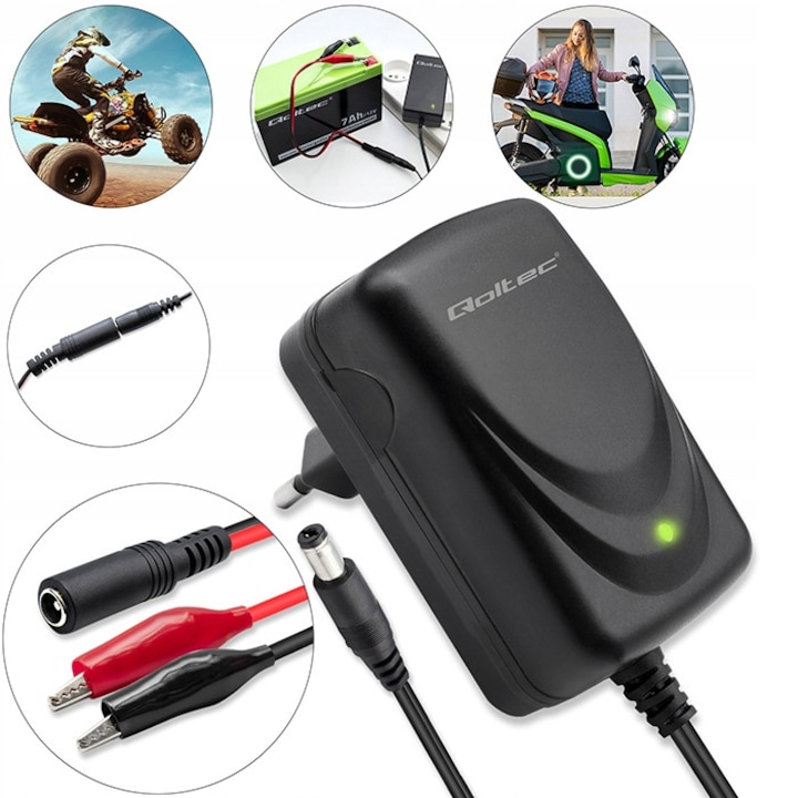 Akkumulátortöltő, Qoltec, 52424, Teljesítmény: 12W, Bemeneti feszültség: 220 - 240V, Kimeneti feszültség: 12Vdc, Kimeneti áram: 1.5A, 48 x 45 x 75 Mm, Fekete