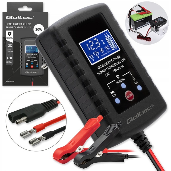 Incarcator Pentru Acumulator Cu Cleme, Qoltec, 52426, Putere: 30W, Tensiune De Intrare: 220 - 240V, Tensiune De Iesire: 6/12Vdc, Curent De Iesire: 2A, Dimensiuni: 40 Mm X 58 Mm X 95 Mm, Negru