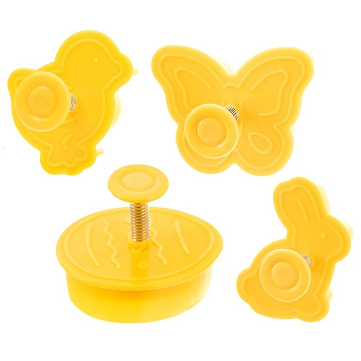 Set de 4 forme de taiat pentru prajituri, Artemis, ou, iepuras, pui, fluture, galben, 5x4cm, 5x3cm, 4,5x3,5cm