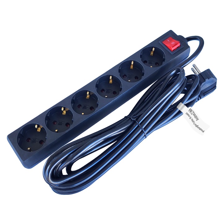 Prelungitor cu intrerupator AndrexNET PE610B, 6 prize Schuko, cablu 10 metri 3x1.5mm, 2400W maxim, protectie copii, negru