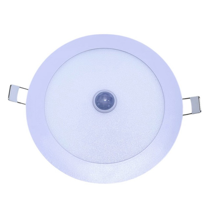 Spot LED Slim Incastrat Ø160mm, 12W, Alb Rece 6500K, cu Senzor Miscare si Crepuscular, Metal, Sticla