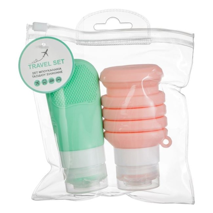 Set Sticle din Silicon Roz 60ml & Verde 100ml de Calatorie