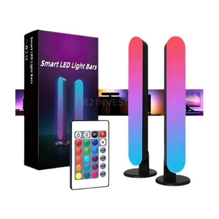 Set 2 lampi LED tip bara, RGB, jocuri de lumini, lumina ambientala, pentru divertisment, telecomanda inclusa, Dactylion®