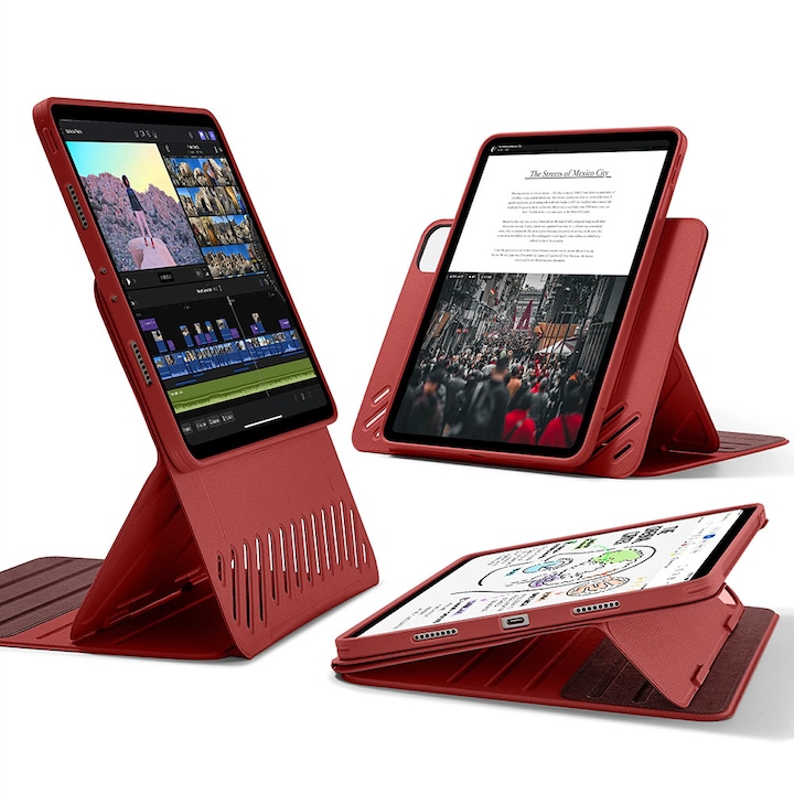 Защитен флип калъф за таблет, съвместим с iPad Pro 11 2024, тип стойка Shift Magnetic, магнитен калъф, кожа, червен