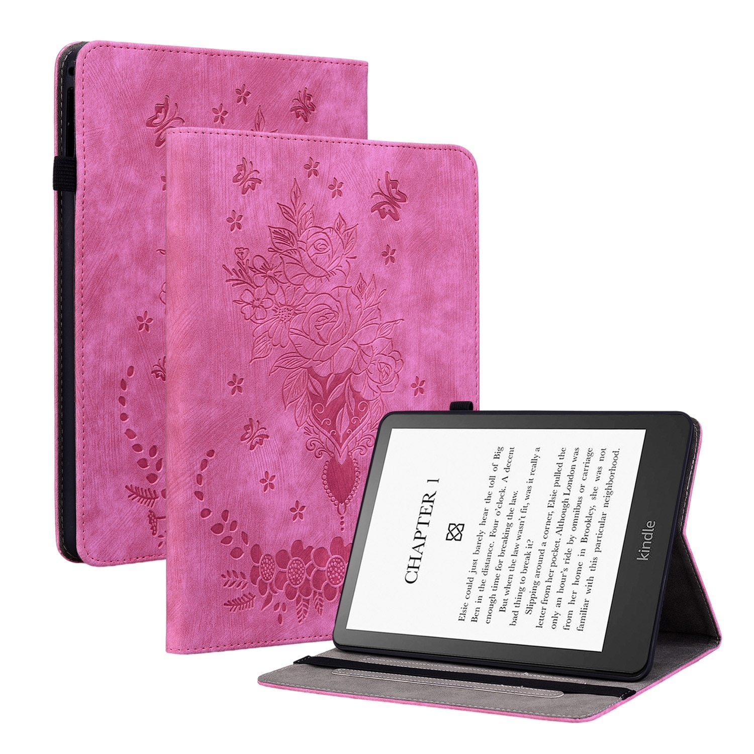 Husa tableta pentru Amazon Kindle Paperwhite 5 2024, piele gravata cu fluturi, capac tip carte, culoare rosu roz