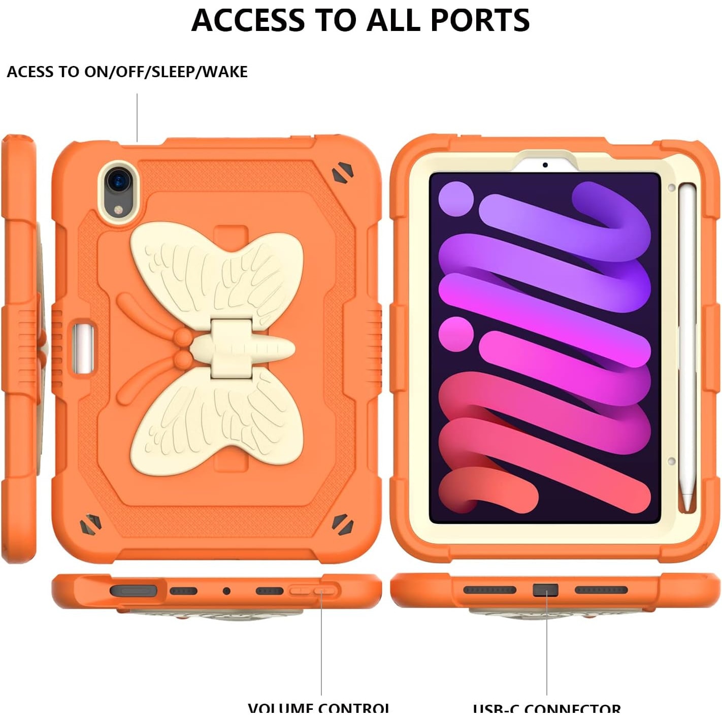 Husa premium Sigloo pentru Apple iPad Mini 7/6 (2024/2021), 8.3", Protectie Completa, Suport Creion, Stand Fluture, Curea Umar, Anti-Soc, Orange