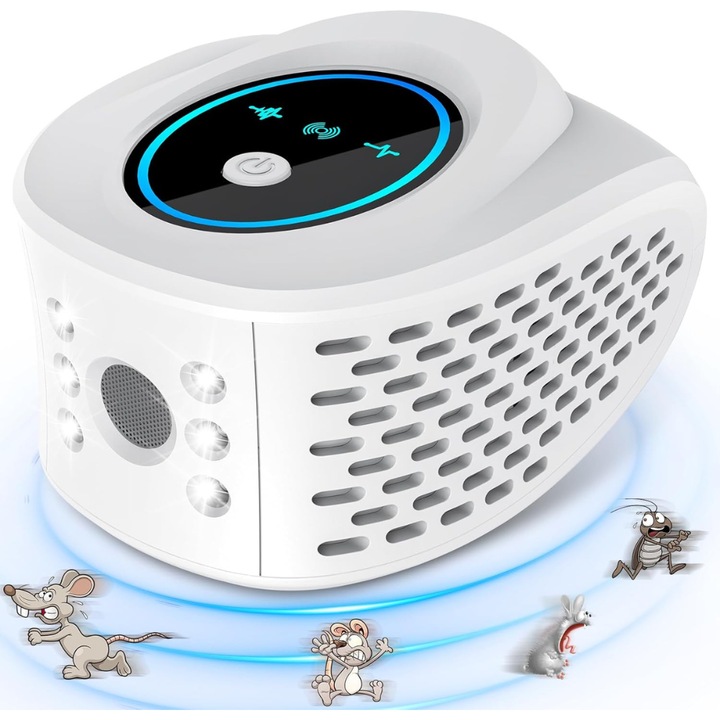 Aparat profesional cu ultrasunete, Arvada® PestGuardn218, 4in1, anti rozatoare, anti sobolani, anti insecte, acoperire 360°, functioneaza la frecvente intre 25k-65kHz, 3 niveluri, alb