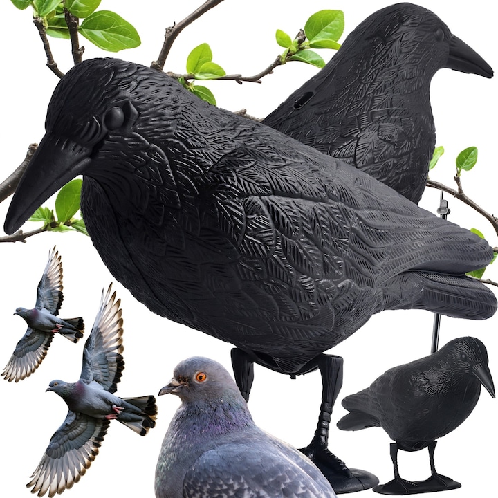 Фигурка гарван Retoo Gardenmaster, устойчива на UV лъчи, реалистичен вид, против птици, гълъби, скорци, врани, пластмаса, за полета, овощни градини, парцели, градини, паркове, къщи, черна