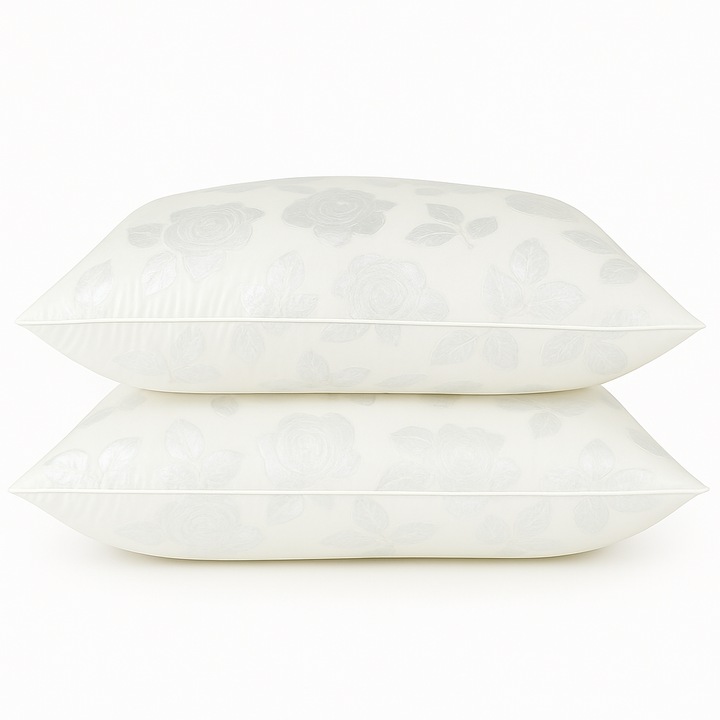 Set 2 perne cu puf si pana de gasca, fermitate ridicata, Alb cu trandafiri argintii, 70x70 cm