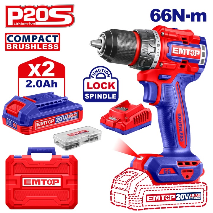 Bormasina cu impact pe acumulator 66Nm, 20V, cu 2 acumulatori 2.0Ah si incarcator inclus, EMTOP