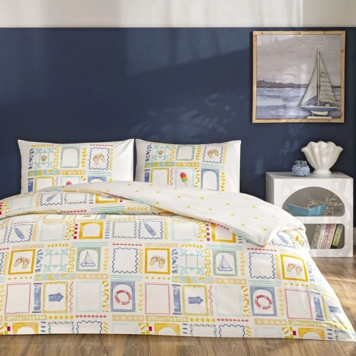 Lenjerie de pat dublu cu design marin, bumbac 100% ranforce, cearsaf de pat cu elastic 160x200 cm, 4 piese, TAC, Vario