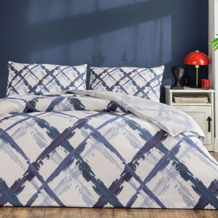 Lenjerie de pat dublu cu model geometric, bumbac 100% ranforce, cearsaf de pat cu elastic 160x200 cm, 4 piese, TAC, Briza