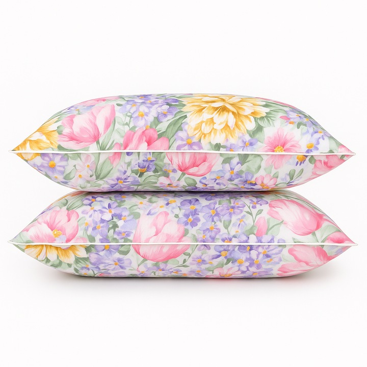 Set 2 perne cu puf si pana de gasca, Boema Home Deco, nivel de fermitate ridicat, 2100g, 70x70 cm, Flori Mov