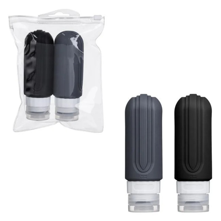 Set 2 Sticle din Silicon 90ml, Gri si Neagra, Reutilizabile, Travel Bottles Cosmetice, pentru Bagaj de Mana, Lichide, Avion