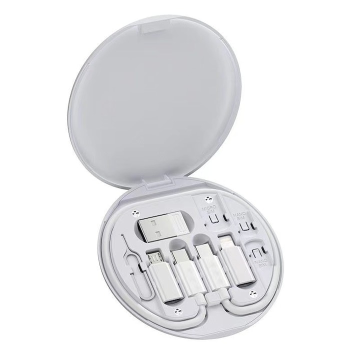 Multifunkciós adatkábelkészlet, USB-C/Lightning típusú/USB-A/Micro-USB adapterek, hordozható, fehér, Dactylion®