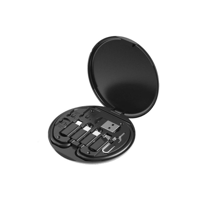 Multifunkciós adatkábelkészlet, USB-C/Lightning típusú/USB-A/Micro-USB adapterek, hordozható, fekete, Dactylion®