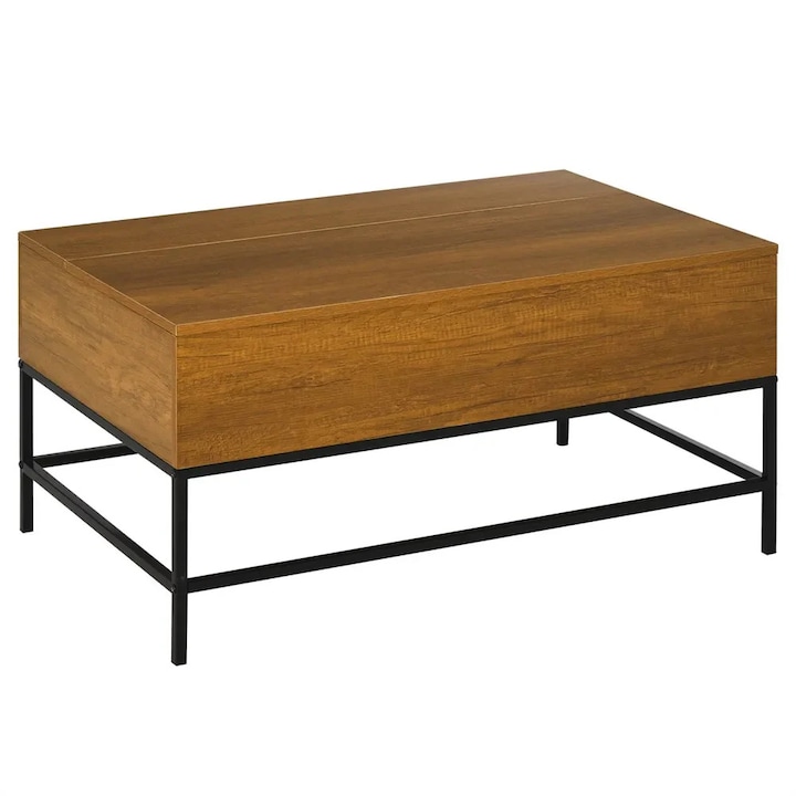 Повдигаща се масичка за кафе, тиково дърво, размери 90x60.5x45.5 см, със скрито отделение за съхранение, метални крака