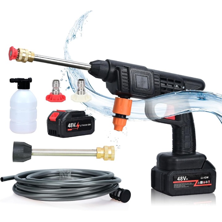 HOZRO akkus magasnyomású mosópisztoly, 48 Vf, 2 akkumulátorral, 30 bar, 3 permetezési mód, cserélhető fúvókák, vízszűrő, habtartály, ideális autóba és udvarra, fekete