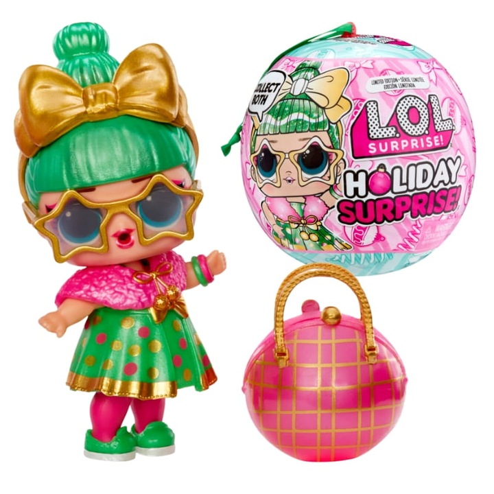 Mga LOL Surprise baba szett kiegészítőkkel, 4+ éves kortól, Holiday Surprise sorozat, zöld baba, többszínű, 1 baba, 1 táska, kiegészítők
