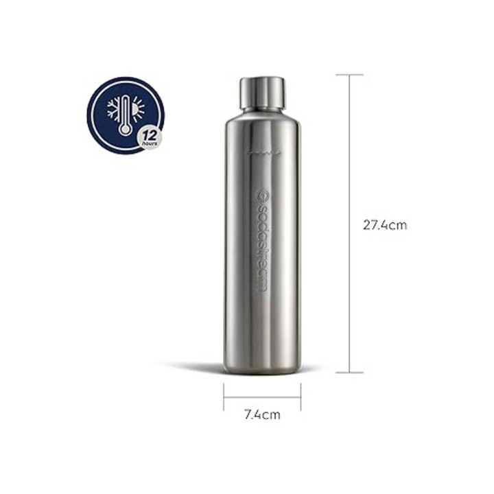Sticla termica din metal SodaStream 0, 8 L Duo, din otel inoxidabil, sigura pentru masina de spalat vase, compatibila cu Duo si E-Duo, mentine cald si rece pana la 12 ore, gri