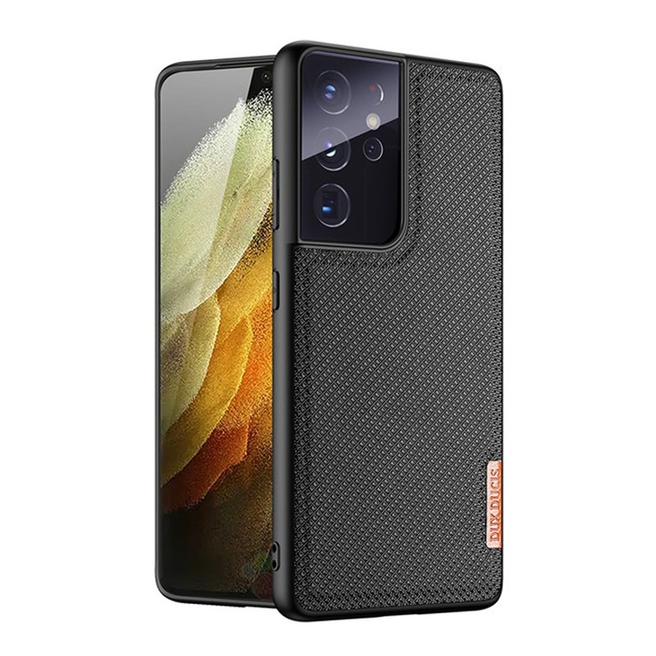 Калъф Optim Solution съвместим със Samsung Galaxy S21 Ultra, модерен тъкан текстилен материал, устойчив на пръстови отпечатъци, тънък прозрачен дизайн, най-високо ниво на OptimS защита, черен