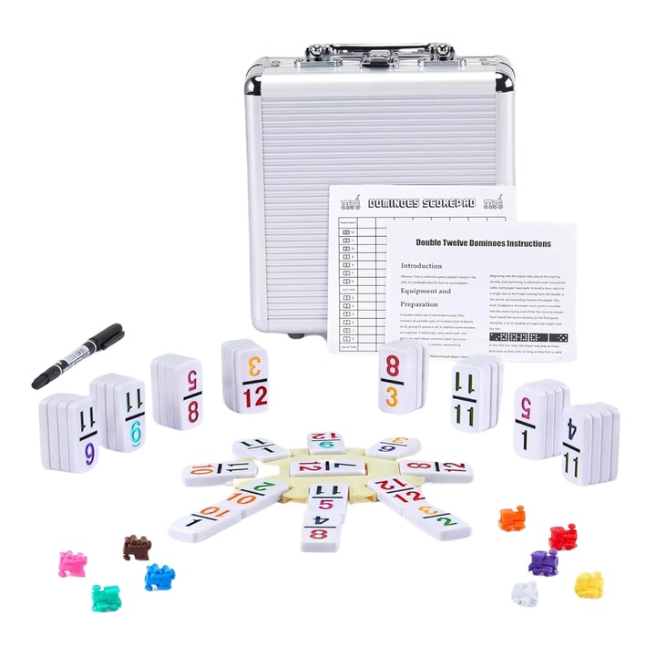 Set Domino Mexican Train 12 AcronicPro, Cutie de Transport Din Aluminiu, Pentru Joc Cu Pritenii sau In Familie, Distractia Perfecta