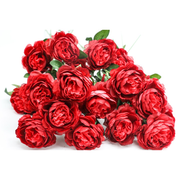 Set 10 Flora Artificiala Feicaeesa®, 3 Capete Peonie, Decor Nunta si Casa, 60cm, Rosu