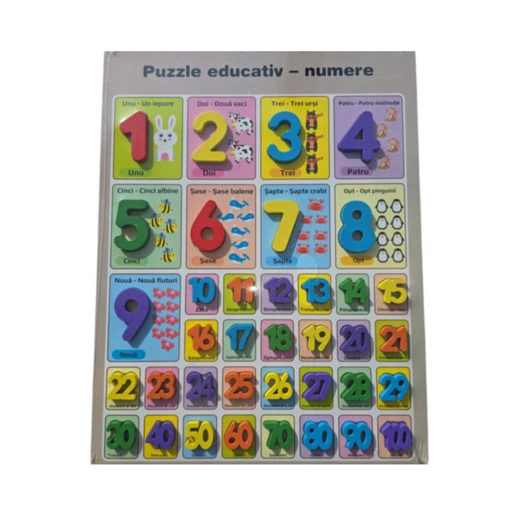 3D Пъзел с числа 1-100 и снимки на животни, Дърво, 40x30 см
