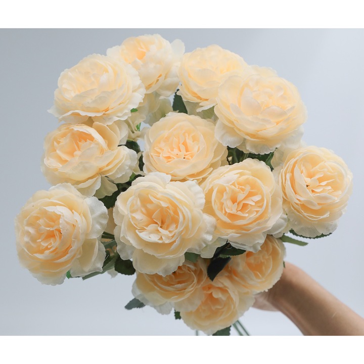 Set 10 Flora Artificiala Feicaeesa®, 3 Capete Peonie, Decor Nunta si Casa, 60cm, Galben deschis