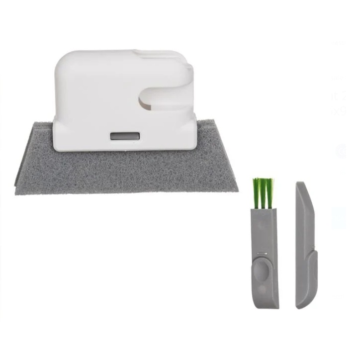 Perie de curatat rama ferestre sau sine, 2in1, cu perie mica de curatare inclusa, 14x2.5x9cm, lavete din pasla detasabile, plastic, Alb