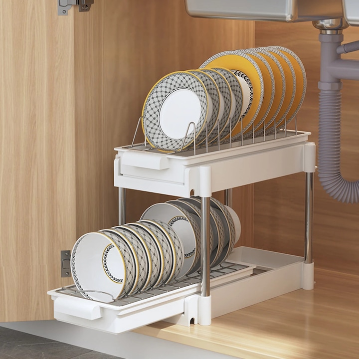 2-szintes edényszárító, csúszó és lefolyórendszerrel, 38 x 20 x 31 cm, fehér