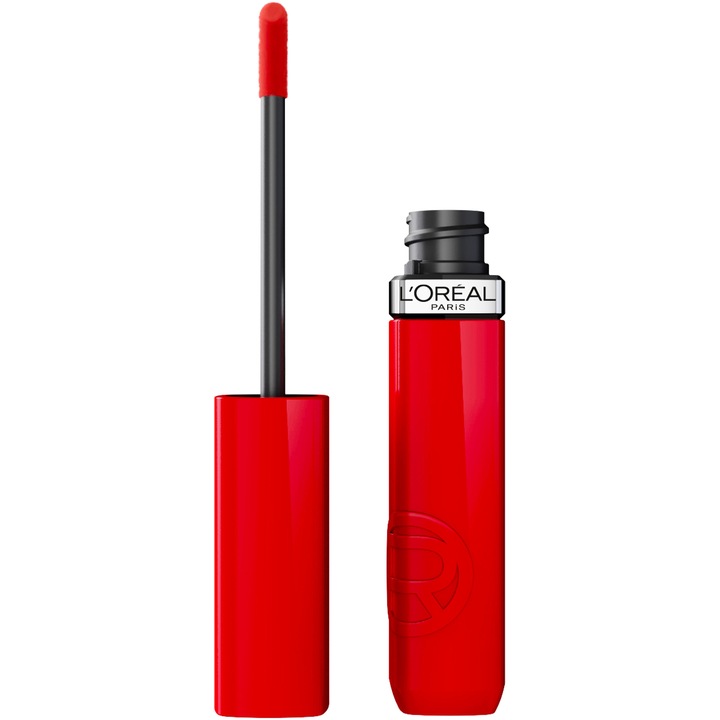 Ruj lichid cu stralucire de lac, rezistent la transfer L'Oreal Paris Infaillible Laque Resistance, 410 Rouge Poppy, 4.3 ml