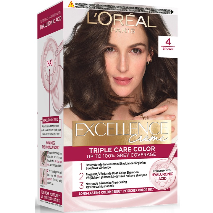 Vopsea de par permanenta L'Oreal Paris Excellence Creme, 4 Saten Inchis, 192 ml