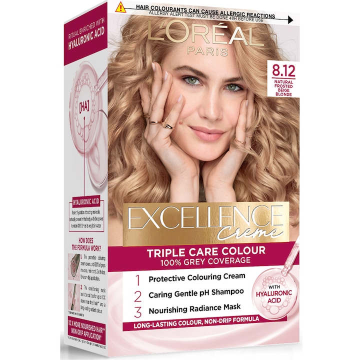 Vopsea de par permanenta L'Oreal Paris Excellence Creme, 8.12 Blond Bej, 192 ml