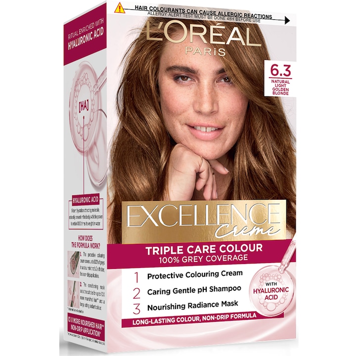 Vopsea de par permanenta L'Oreal Paris Excellence Creme, 6.30 Blond Inchis Auriu, 192 ml