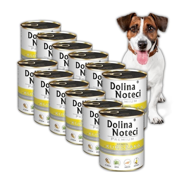Set 12x800g hrana umeda pentru caini Dolina Noteci Premium cu pui, fara gluten, 15% carne de pui