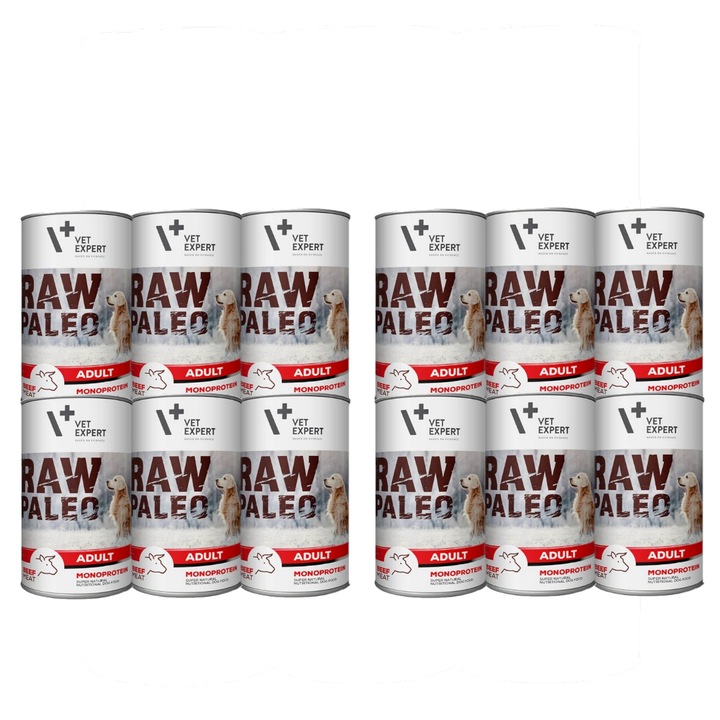 Hrana umeda pentru caini Raw Paleo, 12x400g, cu vita, fara cereale, 70% carne de vita