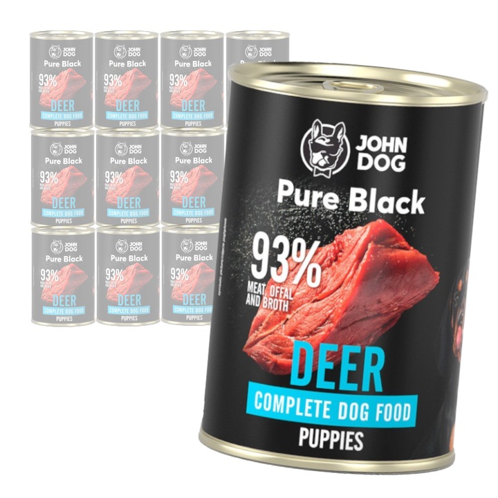 Set de 12 conserve de hrana umeda pentru caini John Dog Pure Black cu carne de cerb pentru catei, 400g fiecare, fara cereale, fara conservanti artificiali