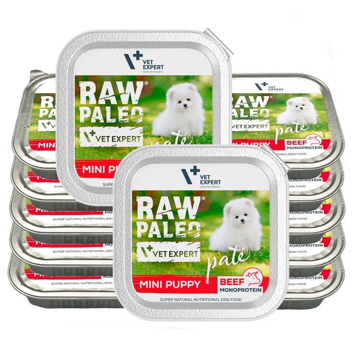 Pate umed pentru caini, Raw Paleo, cu vita, 12x150g, fara cereale, pentru catei rase mici