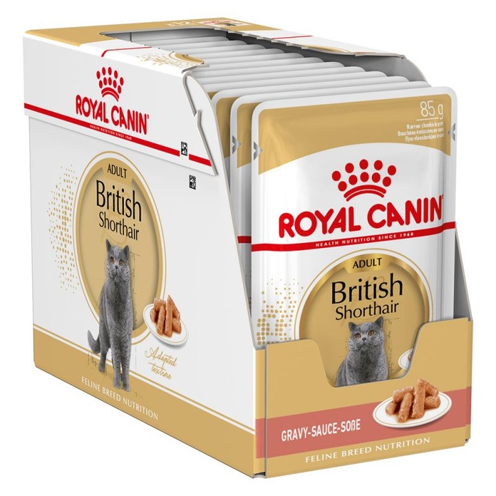 Royal Canin British Shorthair Adult, 12x85g, hrana umeda in sos pentru pisici adulte, nivel moderat de energie, sanatatea pielii si blanii