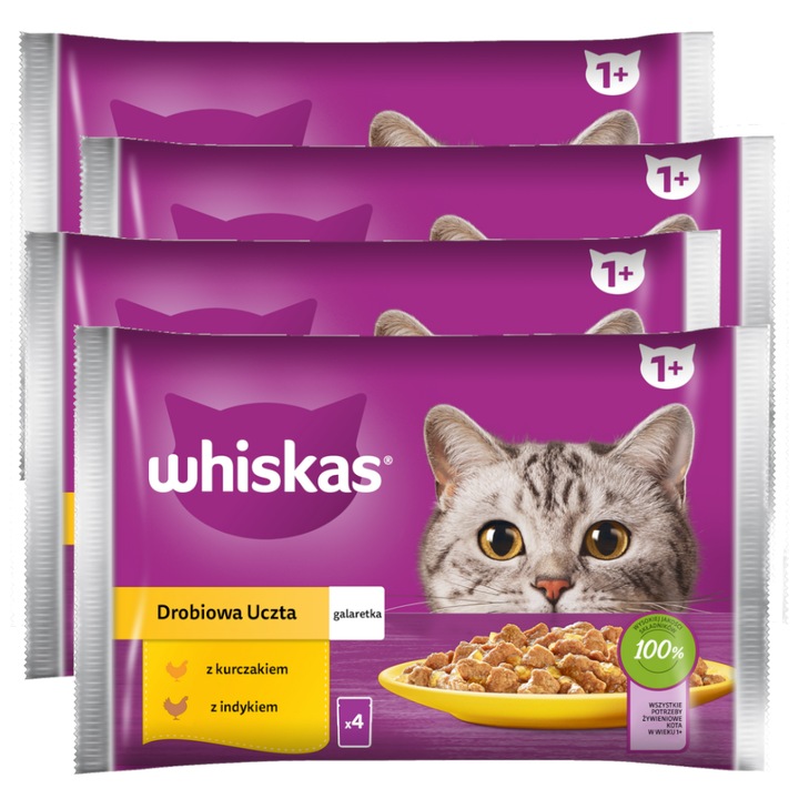 Whiskas Adult Set 4x340g, hrana umeda pentru pisici, bucati cu pui si curcan, 340g