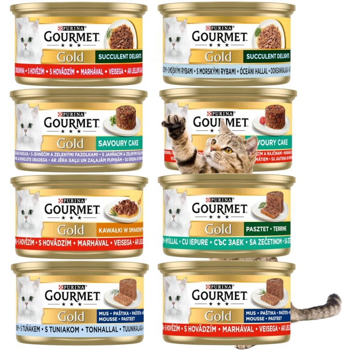Purina Gourmet Mix 8 arome fara pui, hrana umeda pentru pisici, 8x85g