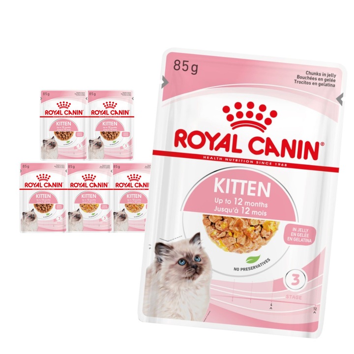Set hrana umeda Royal Canin Kitten Instinctive set 6x85g, cu textura delicata, pentru pisici pana la 12 luni