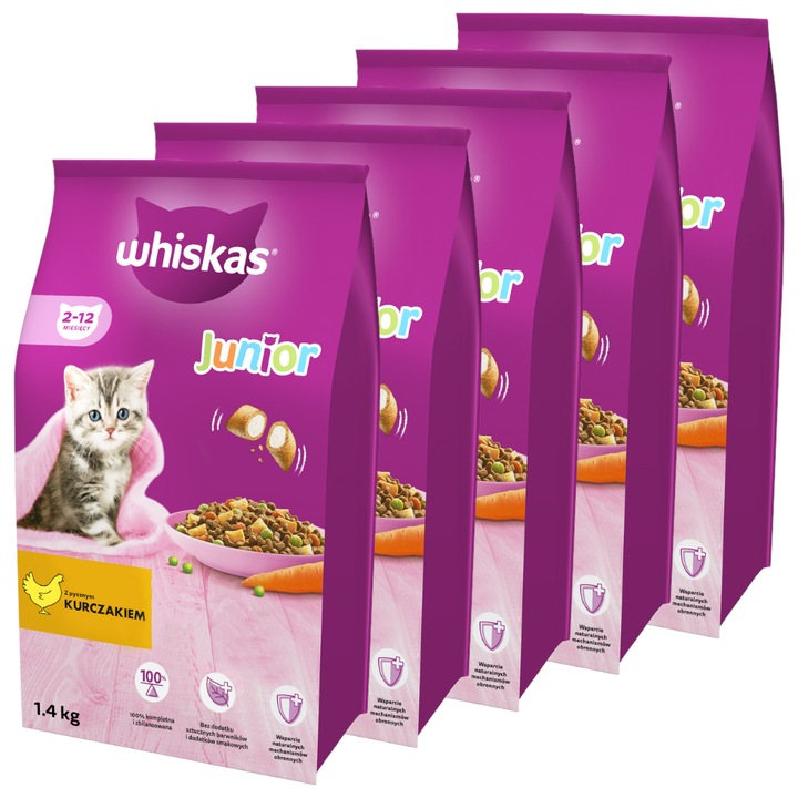 Whiskas Junior 5x1,4kg - Hrana uscata completa pentru pisici cu pui, 100% nutritiva, cu legume