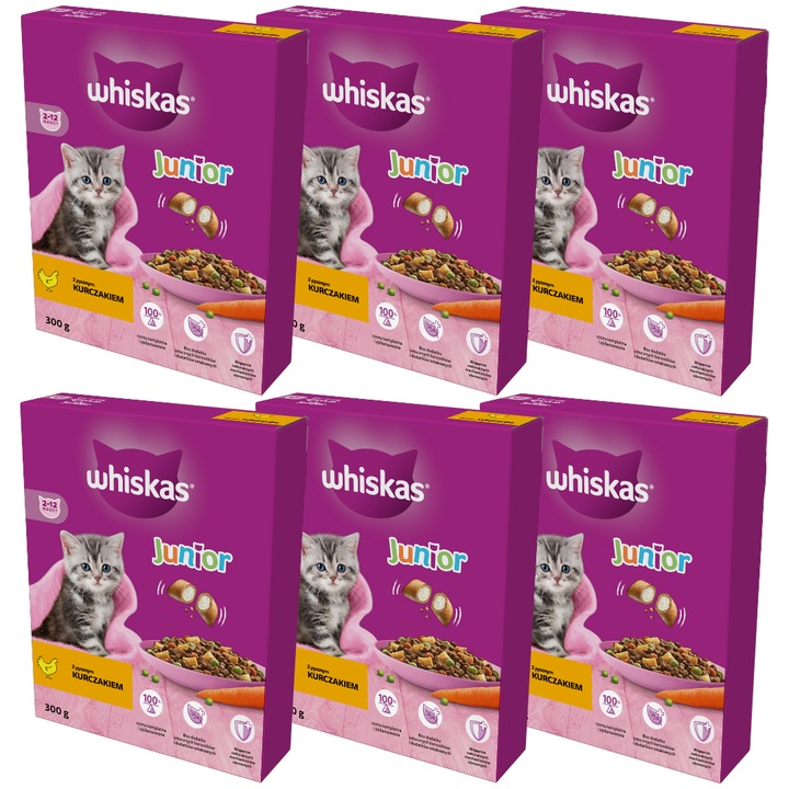 Whiskas Junior 6x300g hrana completa pentru pisici cu pui, cu legume, 389 kcal/100g
