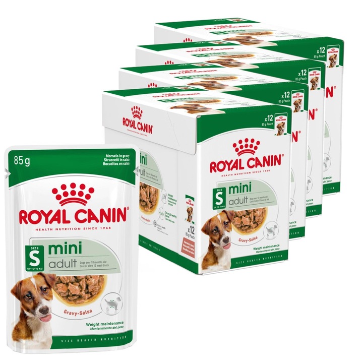 Set hrana Royal Canin Mini Adult 48x85g, Carne in Sos pentru Caini Adulti Rase Mici, 81,1% Umiditate, 867 kcal/kg