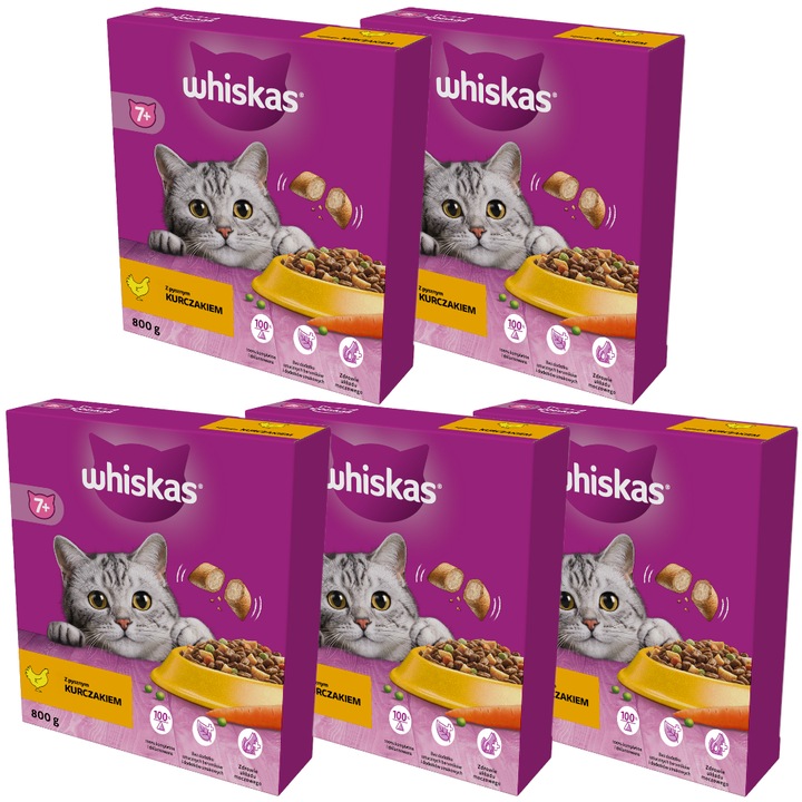 Whiskas Senior 5x800g hrana completa pentru pisici cu pui, 7 ani+, granule crocante