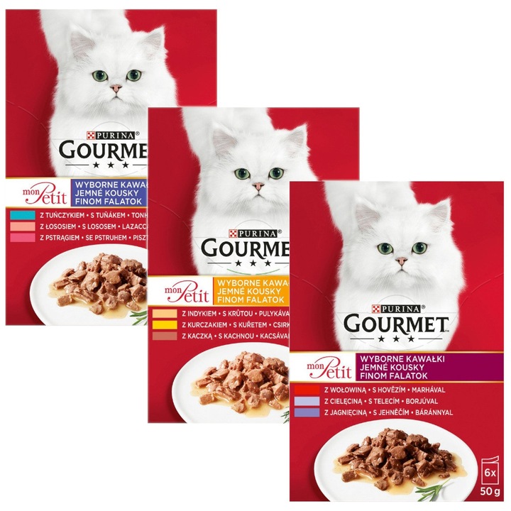 Set hrana Purina Gourmet Mon Petit Mix 18x50g, carne de pasare si peste, multicolor